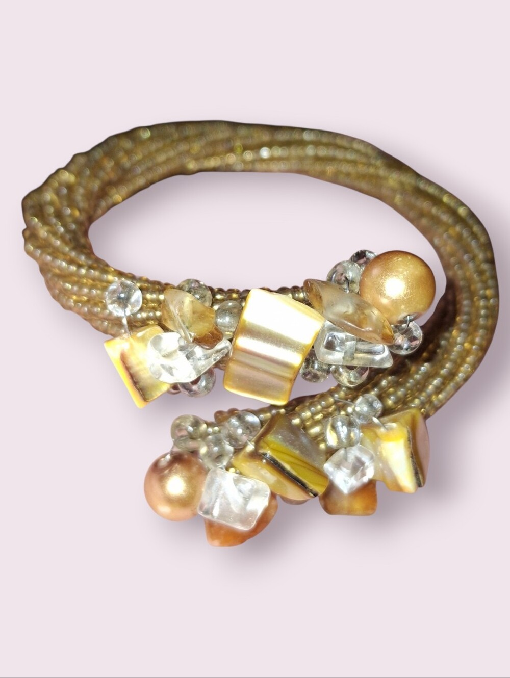 Twist Goldtone Multi-Strand Beaded Bracelet with Mother Of Pearl Accents